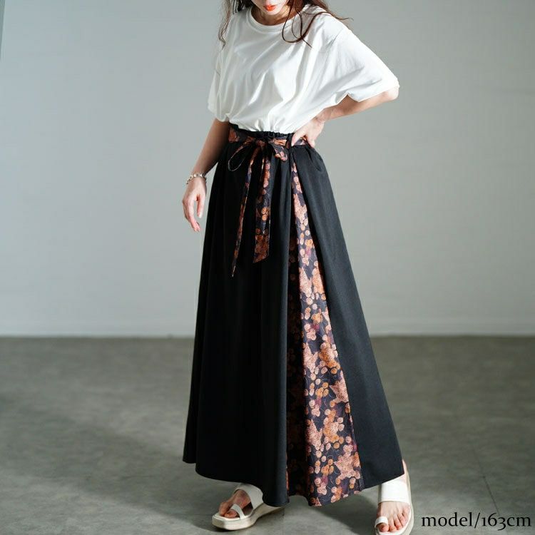 大きいサイズ レディース 花柄ベルト＆切り替えフレアスカート　nw-25021
