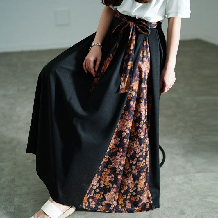 大きいサイズ レディース 花柄ベルト＆切り替えフレアスカート　nw-25021
