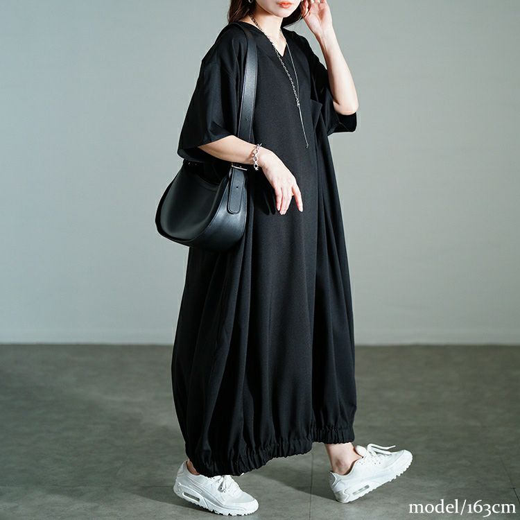 大きいサイズ レディース Vネック胸ポケットバルーンワンピース　nw-25020