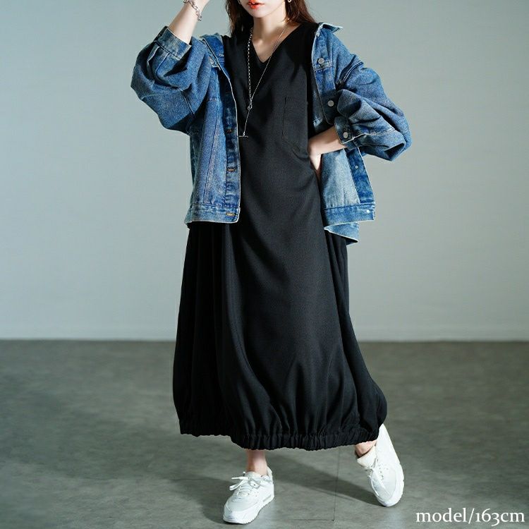 大きいサイズ レディース Vネック胸ポケットバルーンワンピース　nw-25020