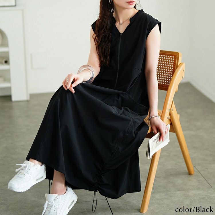 大きいサイズ レディース 裾ドロストハーフZIPノースリーブワンピース