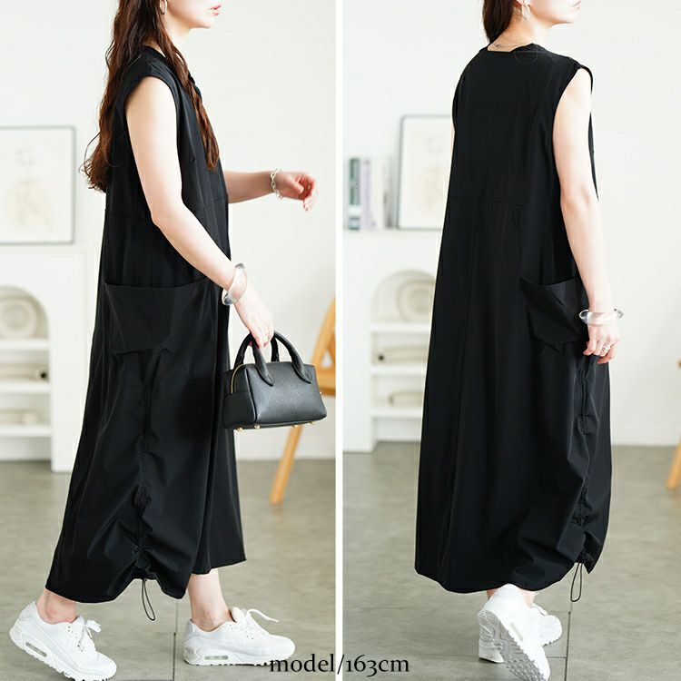 大きいサイズ レディース 裾ドロストハーフZIPノースリーブワンピース