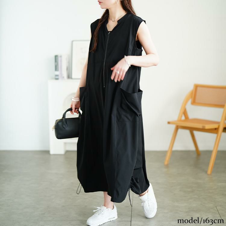 大きいサイズ レディース 裾ドロストハーフZIPノースリーブワンピース　nw-25019【メール便可】 ブラック
