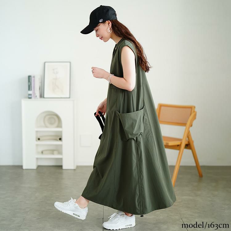 大きいサイズ レディース 裾ドロストハーフZIPノースリーブワンピース　nw-25019【メール便可】 カーキ