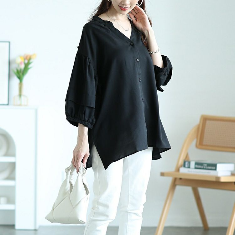 大きいサイズ レディース キーネックランタンスリーブブラウス　nw-25017【メール便可】