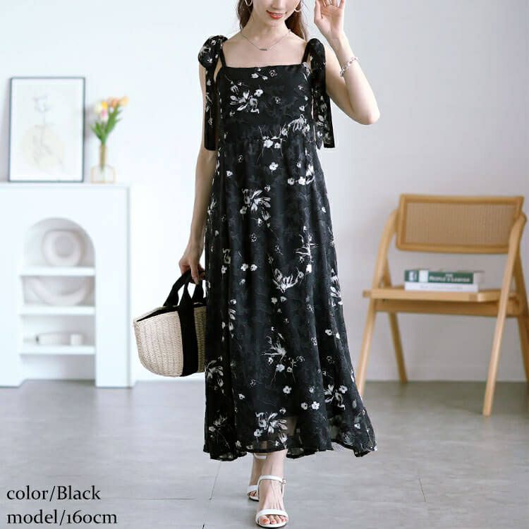 大きいサイズ レディース 花柄シフォン肩リボンキャミワンピース　maru-30151