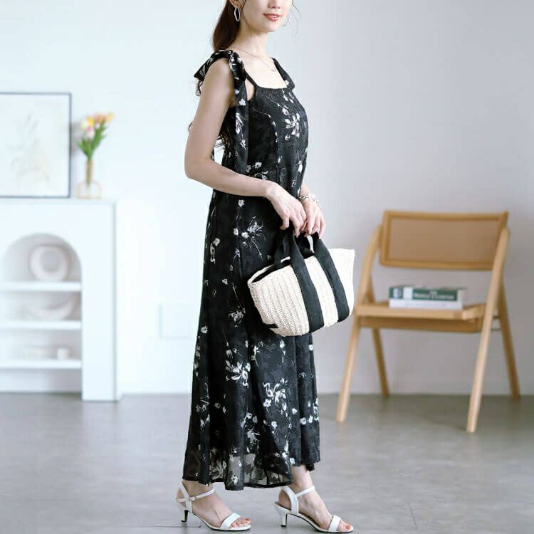 大きいサイズ レディース 花柄シフォン肩リボンキャミワンピース　maru-30151