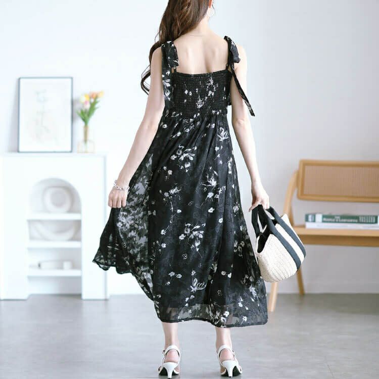 大きいサイズ レディース 花柄シフォン肩リボンキャミワンピース　maru-30151