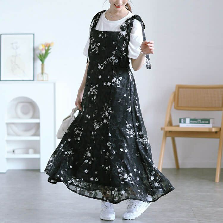 大きいサイズ レディース 花柄シフォン肩リボンキャミワンピース　maru-30151