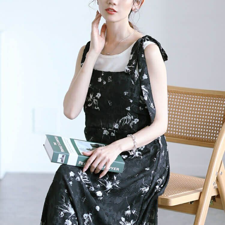大きいサイズ レディース 花柄シフォン肩リボンキャミワンピース　maru-30151