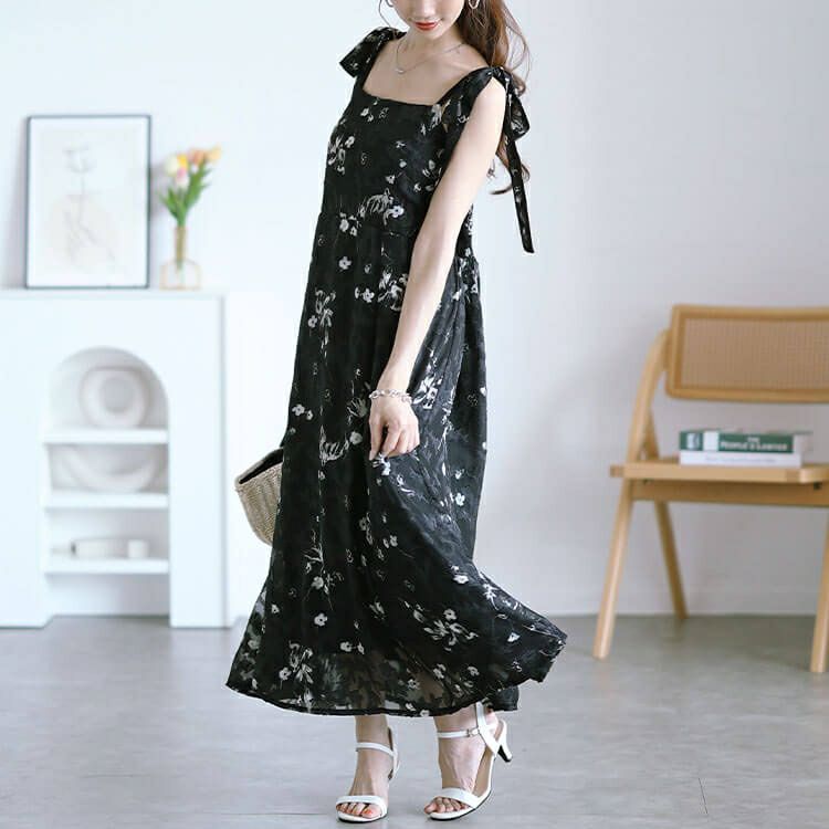 大きいサイズ レディース 花柄シフォン肩リボンキャミワンピース　maru-30151