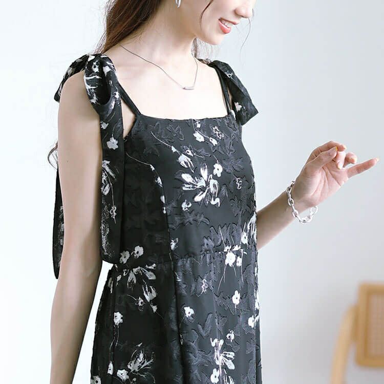 大きいサイズ レディース 花柄シフォン肩リボンキャミワンピース　maru-30151
