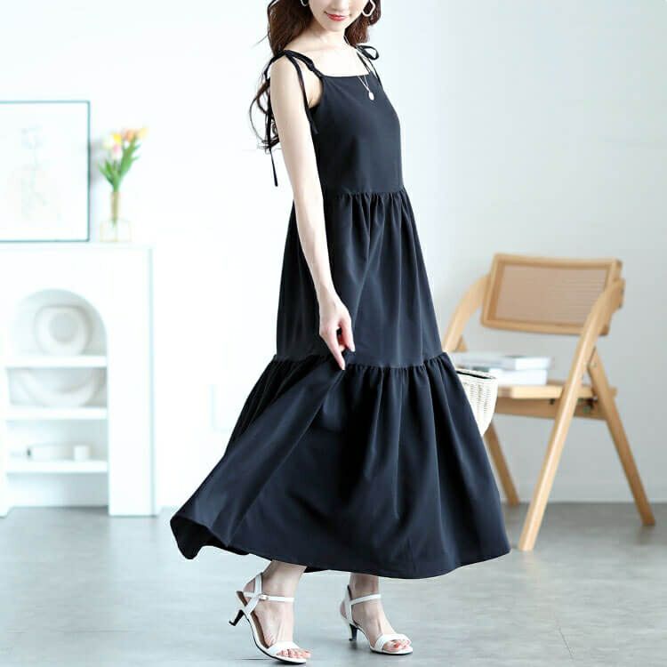 大きいサイズ レディース 肩リボンティアードキャミワンピース　maru-30145