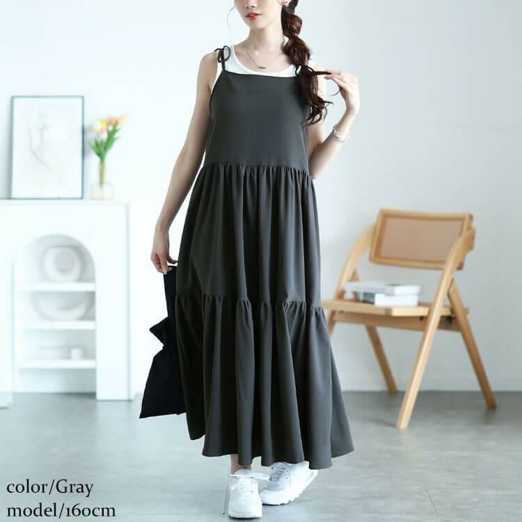大きいサイズ レディース 肩リボンティアードキャミワンピース　maru-30145 グレー