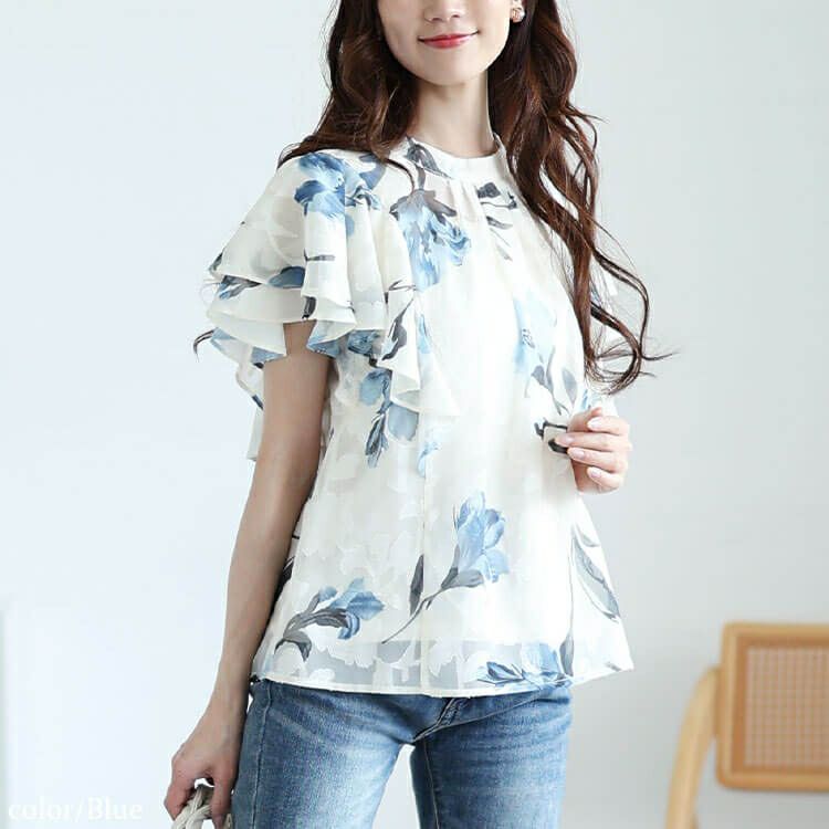 大きいサイズ レディース 花柄ジャガードフリルブラウス　tana-351039【メール便可】