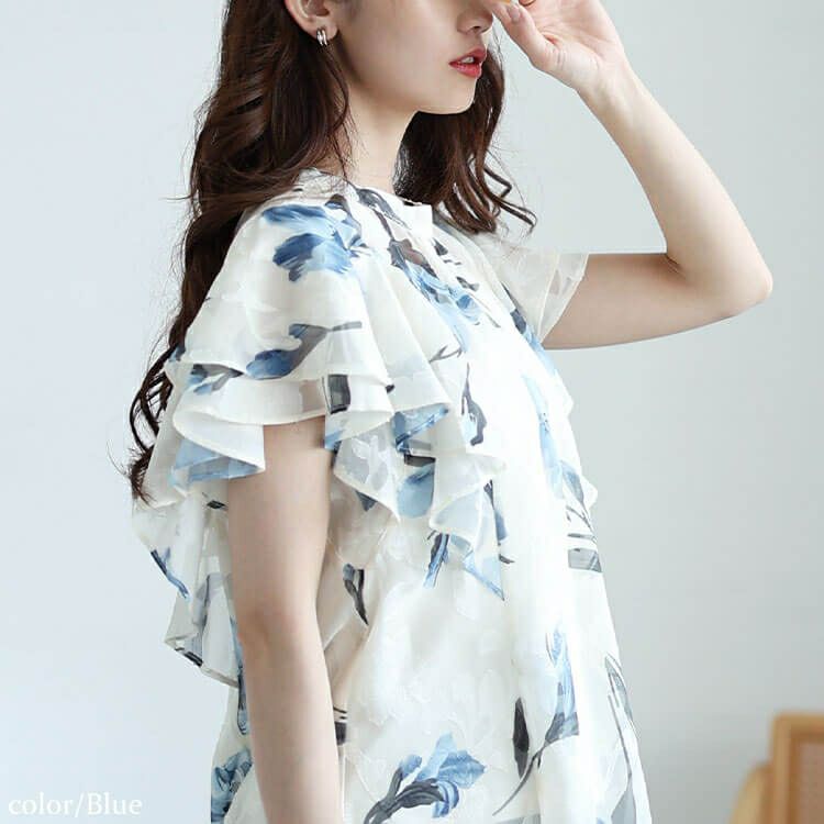 大きいサイズ レディース 花柄ジャガードフリルブラウス　tana-351039【メール便可】