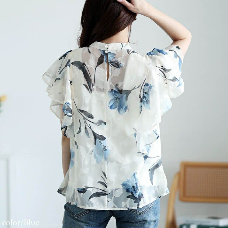 大きいサイズ レディース 花柄ジャガードフリルブラウス　tana-351039【メール便可】