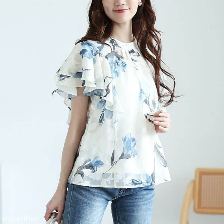 大きいサイズ レディース 花柄ジャガードフリルブラウス　tana-351039【メール便可】 ブルー