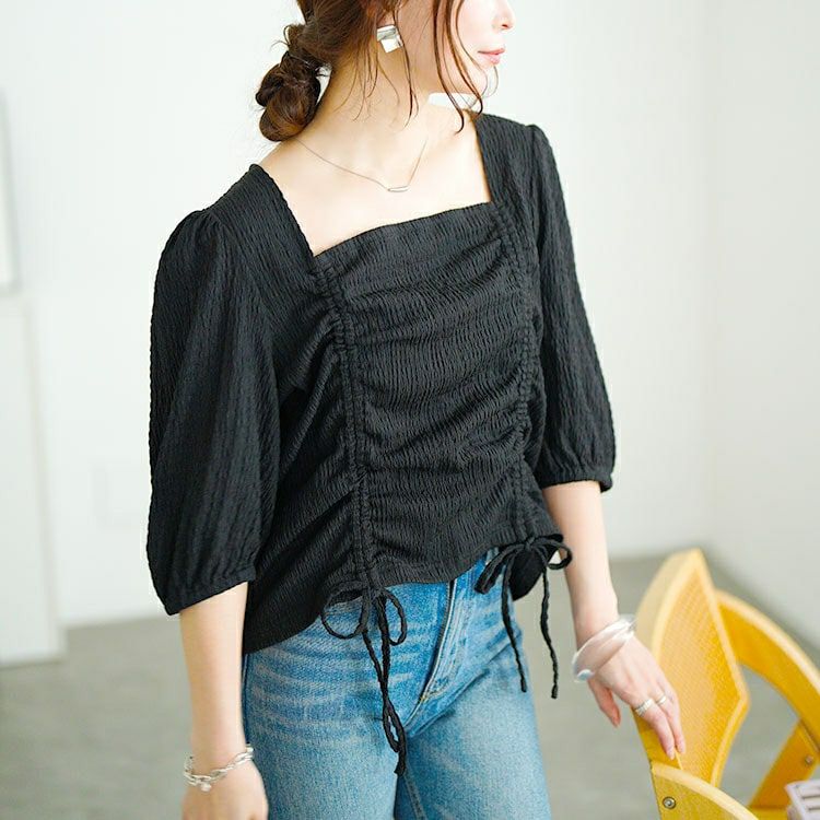 大きいサイズ レディース 前絞りスクエアネックトップス　fem-572【メール便可】