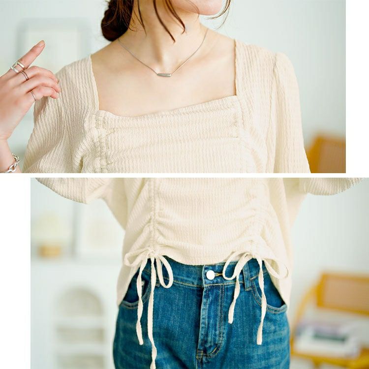 大きいサイズ レディース 前絞りスクエアネックトップス　fem-572【メール便可】