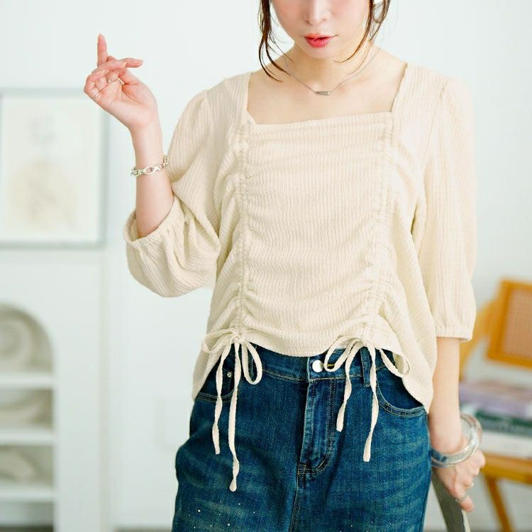 大きいサイズ レディース 前絞りスクエアネックトップス　fem-572【メール便可】