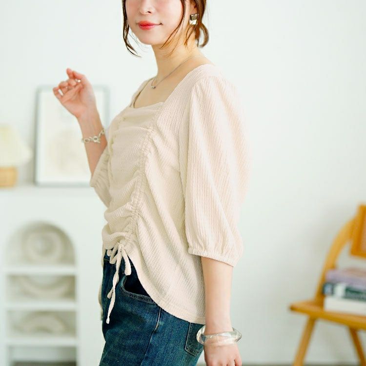 大きいサイズ レディース 前絞りスクエアネックトップス　fem-572【メール便可】