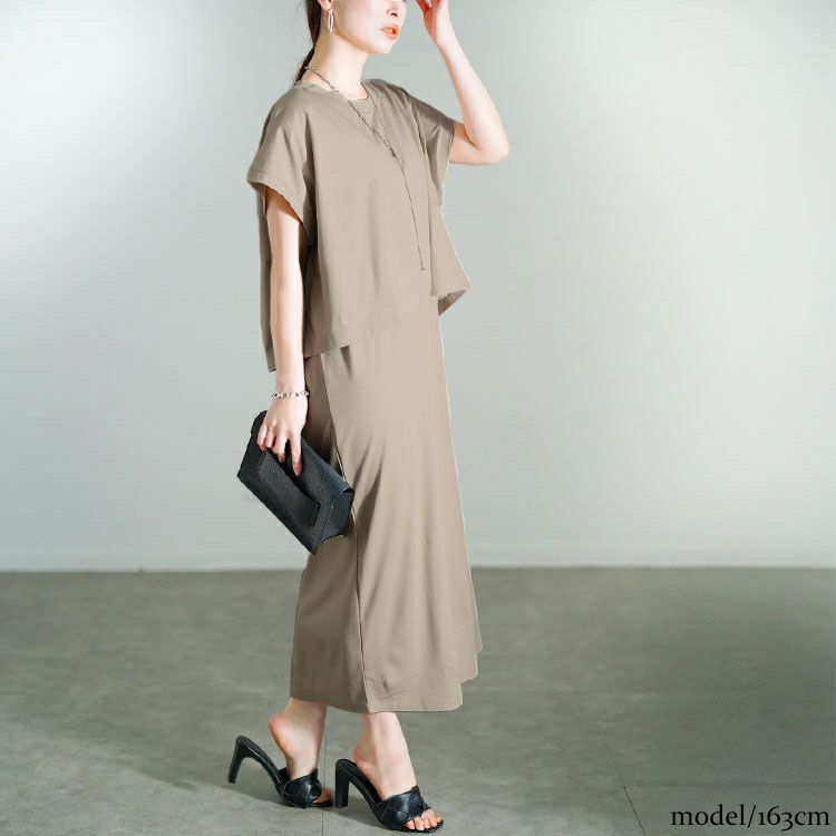 大きいサイズ レディース ショート丈Tシャツ＆Vネックジャンパースカートセット　mncut-152332【メール便可】