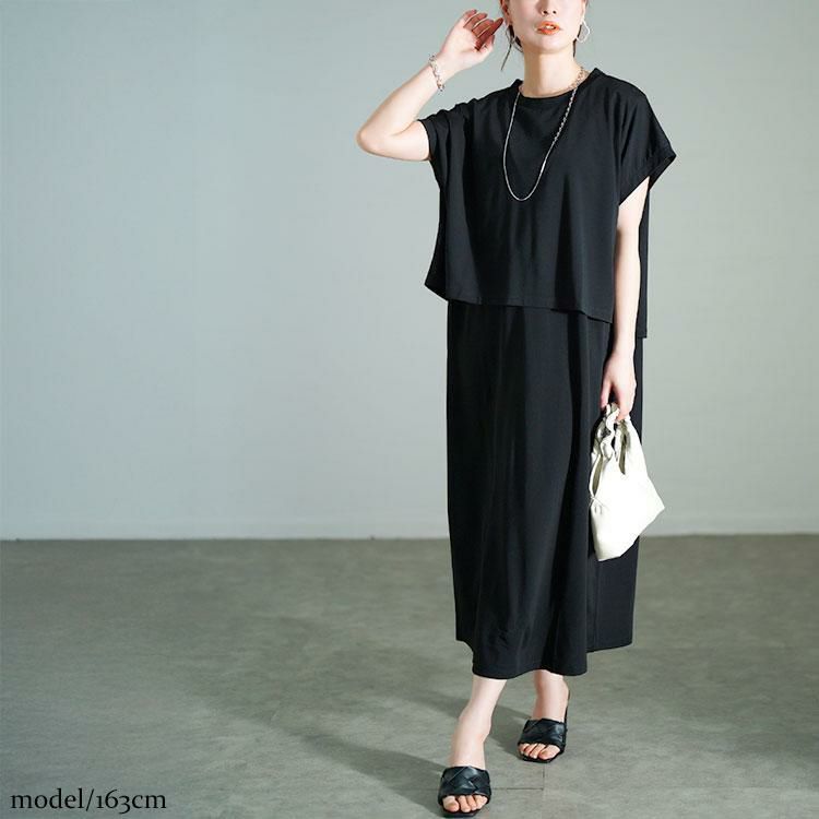 大きいサイズ レディース ショート丈Tシャツ＆Vネックジャンパースカートセット　mncut-152332【メール便可】 ブラック