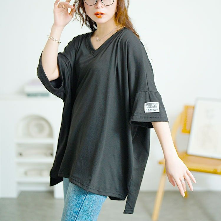 大きいサイズ レディース 袖ワッペンVネックオーバーサイズTシャツ　goldy-1686【メール便可】