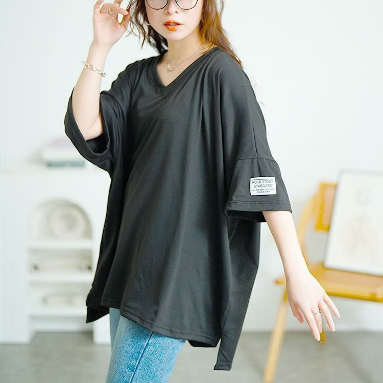 大きいサイズ レディース 袖ワッペンVネックオーバーサイズTシャツ　goldy-1686【メール便可】 ブラック