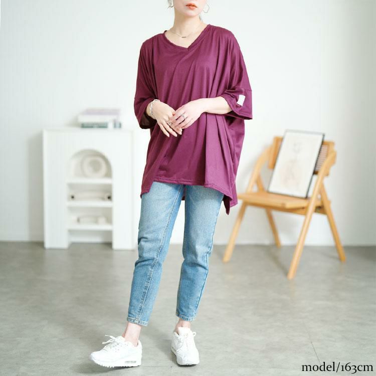 大きいサイズ レディース 袖ワッペンVネックオーバーサイズTシャツ　goldy-1686【メール便可】 パープル
