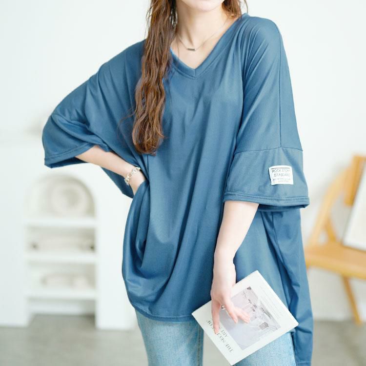 大きいサイズ レディース 袖ワッペンVネックオーバーサイズTシャツ　goldy-1686【メール便可】 ブルー