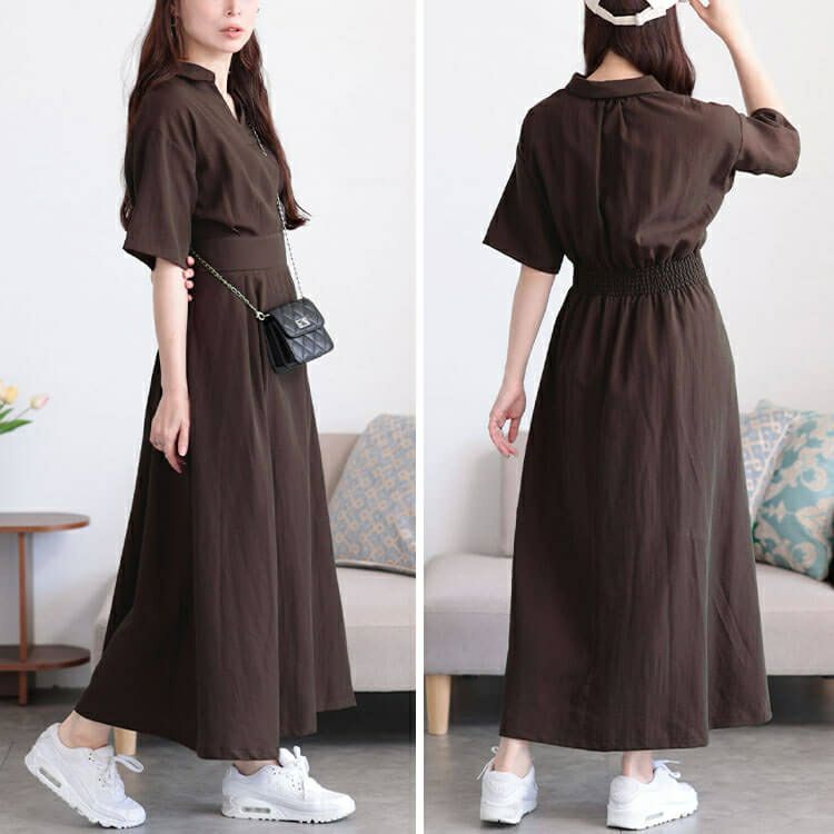 大きいサイズ レディース ウエストタックスキッパー襟ワンピース　maru-30161