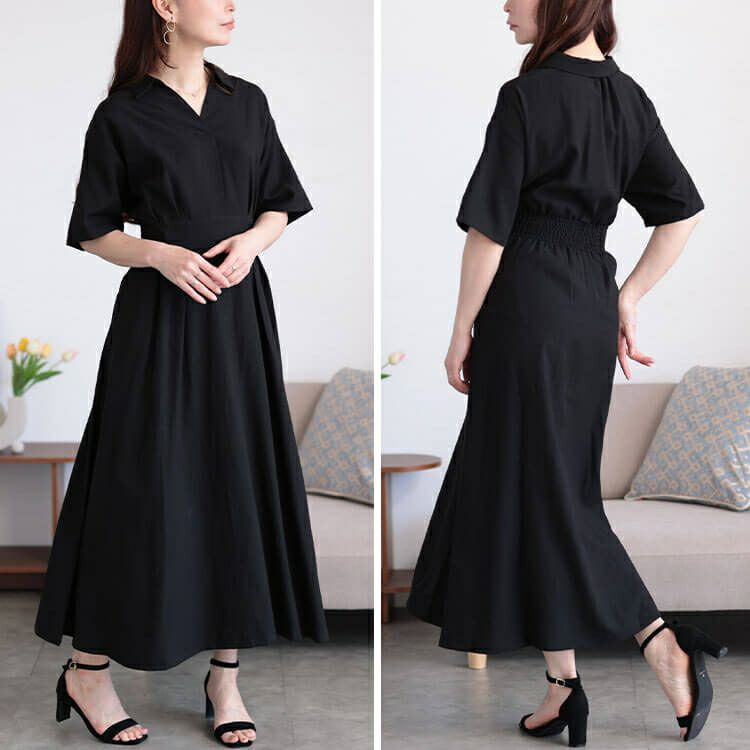 大きいサイズ レディース ウエストタックスキッパー襟ワンピース　maru-30161