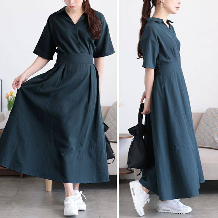 大きいサイズ レディース ウエストタックスキッパー襟ワンピース　maru-30161