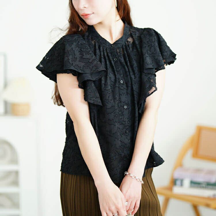 大きいサイズ レディース リーフ柄ジャガードフリルブラウス　tana-351058 【メール便可】