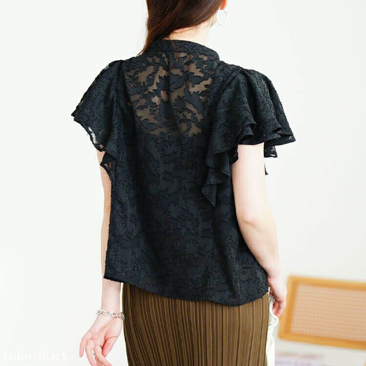 大きいサイズ レディース リーフ柄ジャガードフリルブラウス　tana-351058 【メール便可】