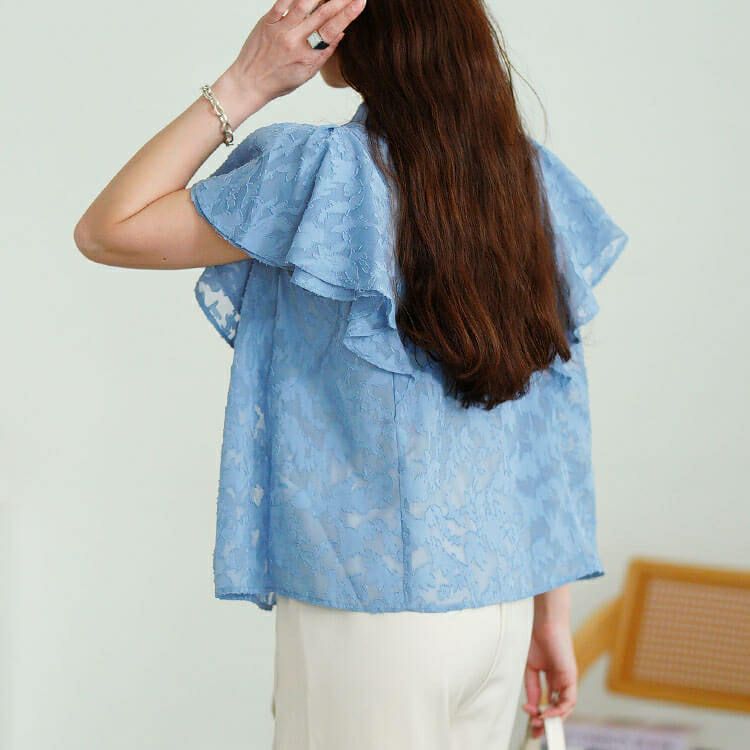 大きいサイズ レディース リーフ柄ジャガードフリルブラウス　tana-351058 【メール便可】