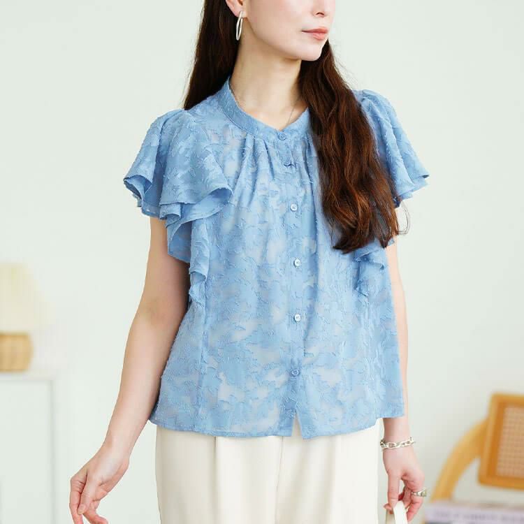大きいサイズ レディース リーフ柄ジャガードフリルブラウス　tana-351058 【メール便可】 ブルー
