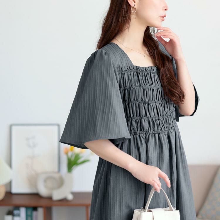 大きいサイズ レディース ストライプシャーリングフレアワンピース　tani-36863ll グレー