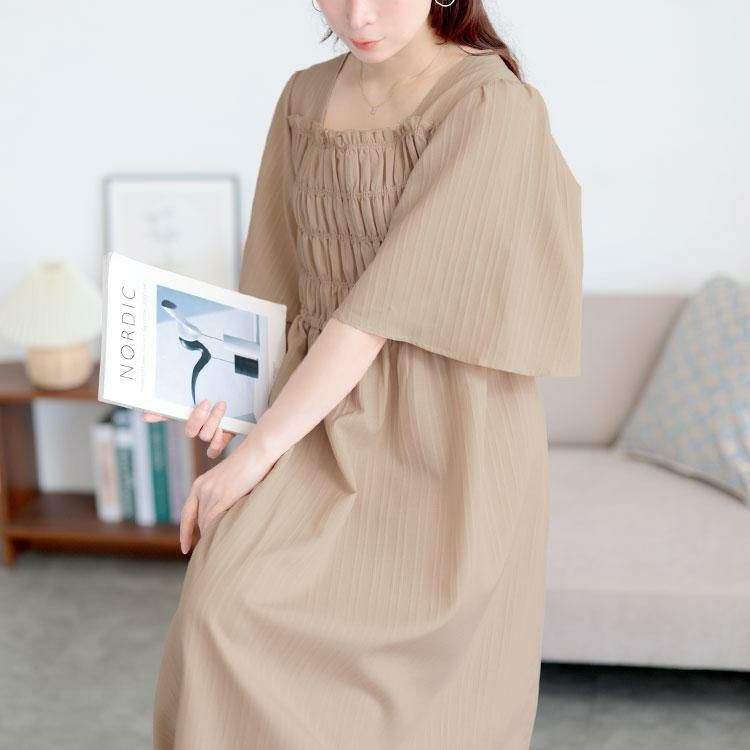 大きいサイズ レディース ストライプシャーリングフレアワンピース　tani-36863ll グレージュ