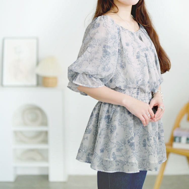 大きいサイズ レディース 2way花柄シャーリングペプラムブラウス　tani-36857ll