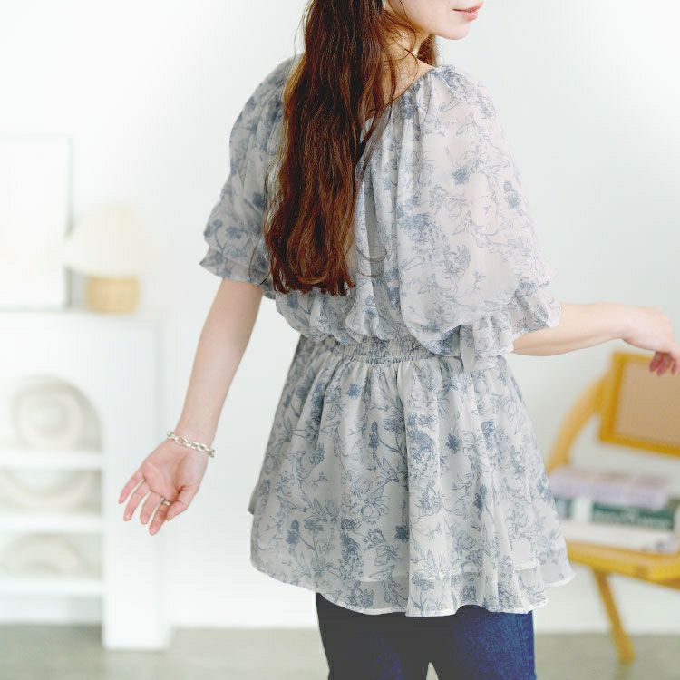 大きいサイズ レディース 2way花柄シャーリングペプラムブラウス　tani-36857ll