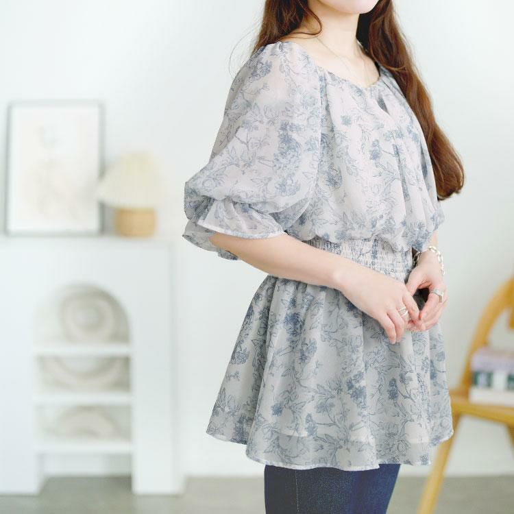 大きいサイズ レディース 2way花柄シャーリングペプラムブラウス　tani-36857ll サックス