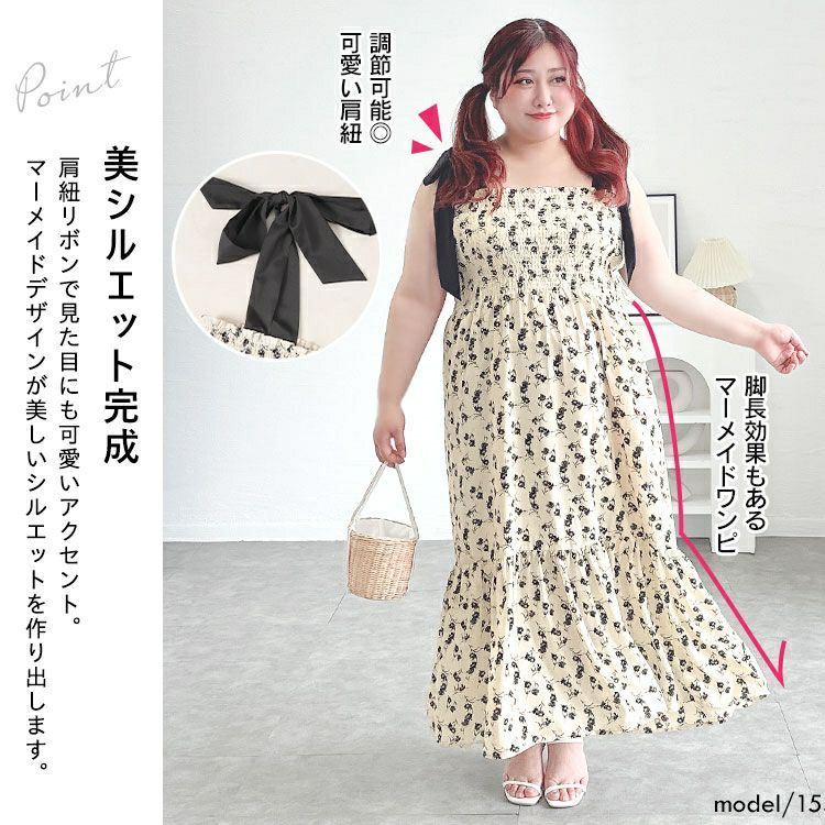 大きいサイズ レディース 花柄肩リボンシャーリングワンピース　tani-36849ll