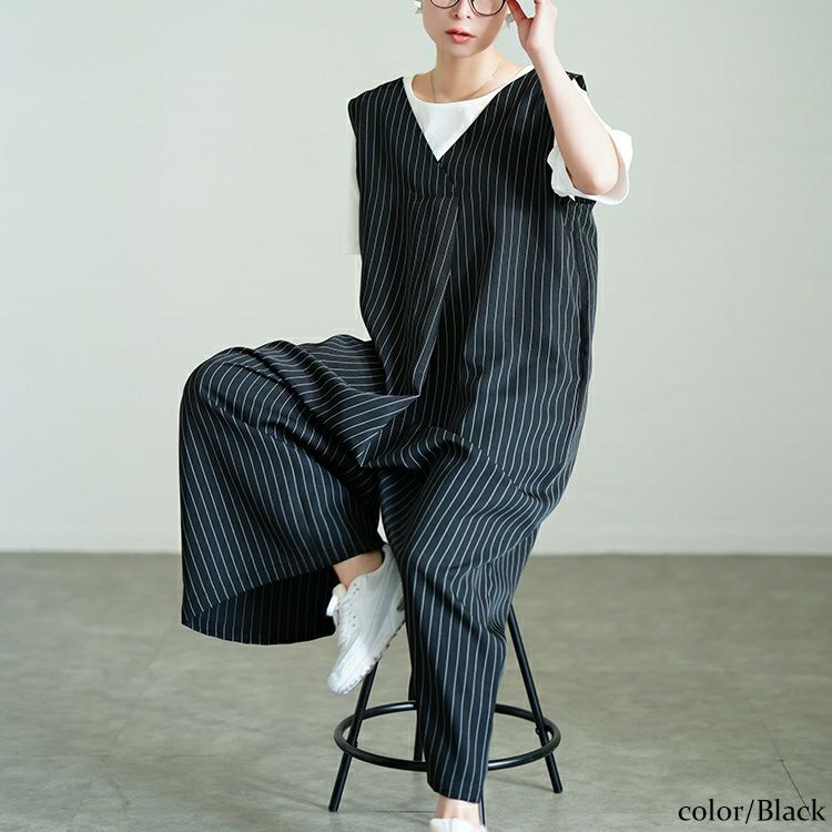 大きいサイズ レディース ストライプワイドサロペットパンツ　sw-0764