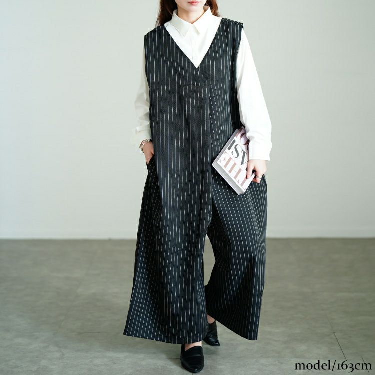 大きいサイズ レディース ストライプワイドサロペットパンツ　sw-0764