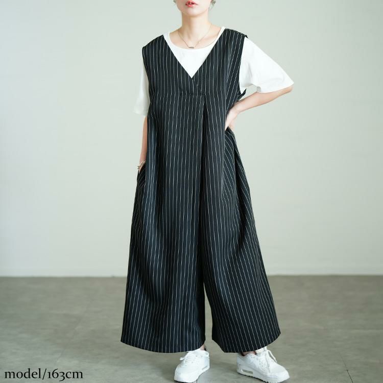 大きいサイズ レディース ストライプワイドサロペットパンツ　sw-0764 ブラック