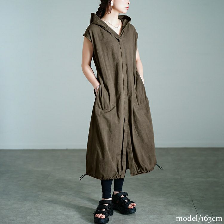 大きいサイズ レディース コットンパーカーノースリーブワンピース　sw-0748