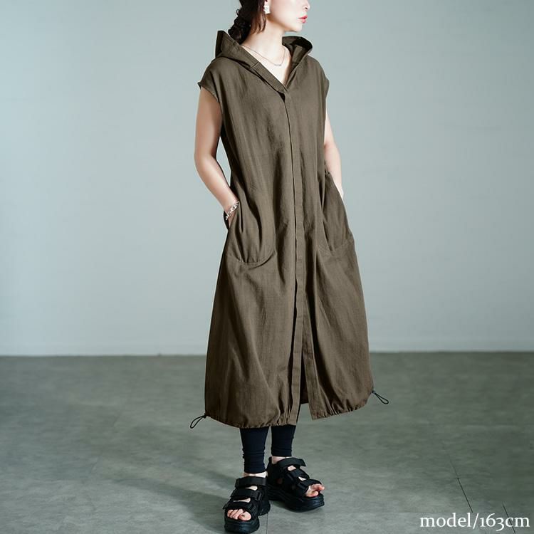 大きいサイズ レディース コットンパーカーノースリーブワンピース　sw-0748 カーキ